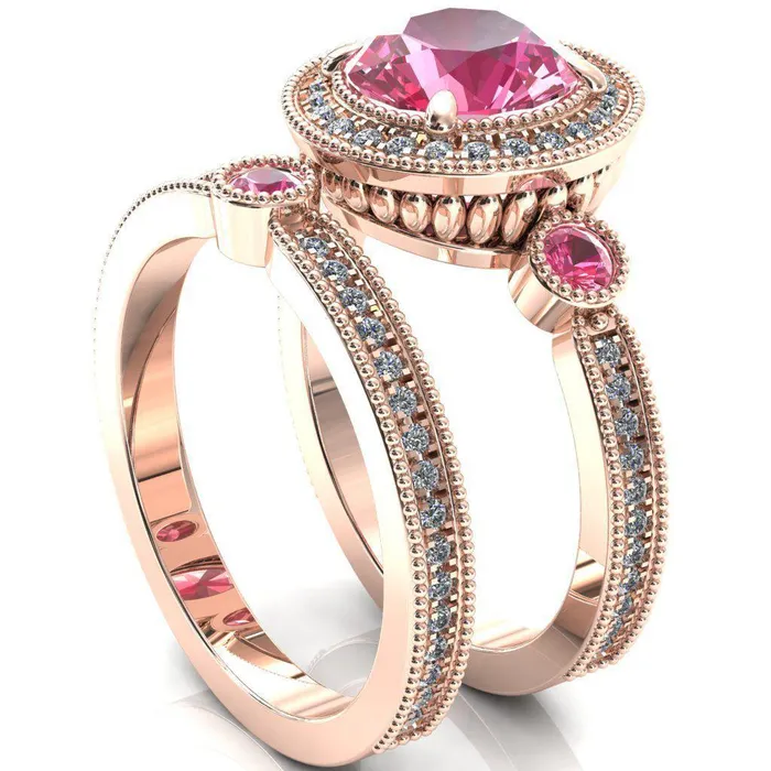 Rings Fire Brilliance Brachium Round Pink Sapphire Bezel Milgrain Halo 34 Eternity Accent Diamond Ring
