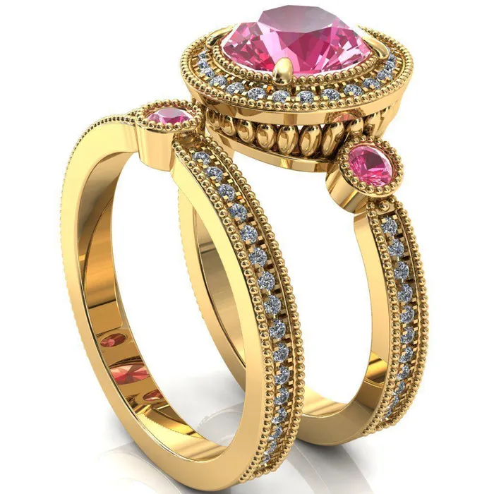 Rings Fire Brilliance Brachium Round Pink Sapphire Bezel Milgrain Halo 34 Eternity Accent Diamond Ring