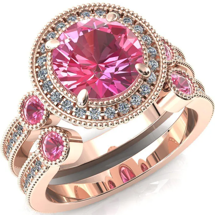 Rings Fire Brilliance Brachium Round Pink Sapphire Bezel Milgrain Halo 34 Eternity Accent Diamond Ring