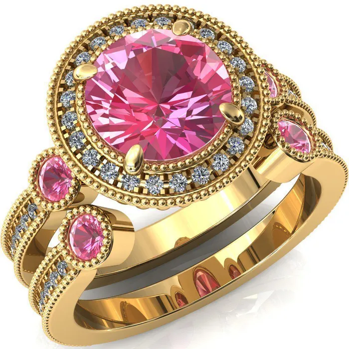 Rings Fire Brilliance Brachium Round Pink Sapphire Bezel Milgrain Halo 34 Eternity Accent Diamond Ring