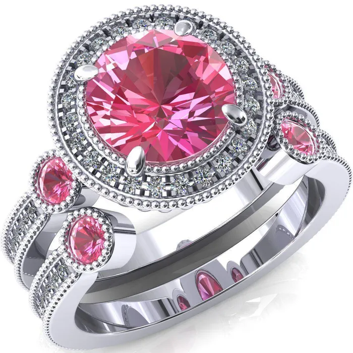 Rings Fire Brilliance Brachium Round Pink Sapphire Bezel Milgrain Halo 34 Eternity Accent Diamond Ring