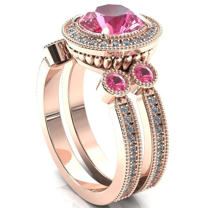 Rings Fire Brilliance Brachium Round Pink Sapphire Bezel Milgrain Halo 34 Eternity Accent Diamond Ring