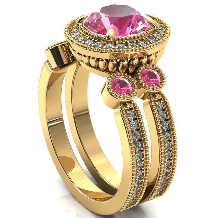 Rings Fire Brilliance Brachium Round Pink Sapphire Bezel Milgrain Halo 34 Eternity Accent Diamond Ring