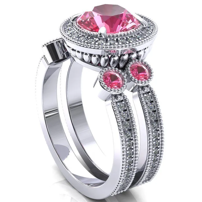 Rings Fire Brilliance Brachium Round Pink Sapphire Bezel Milgrain Halo 34 Eternity Accent Diamond Ring