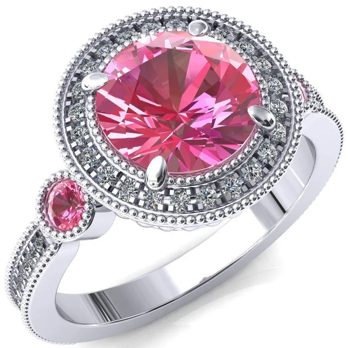 Rings Fire Brilliance Brachium Round Pink Sapphire Bezel Milgrain Halo 34 Eternity Accent Diamond Ring