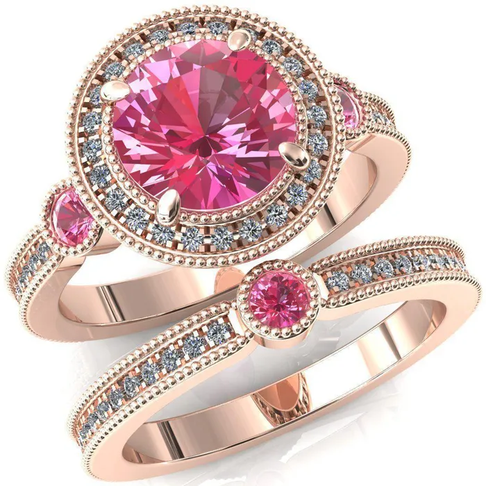 Rings Fire Brilliance Brachium Round Pink Sapphire Bezel Milgrain Halo 34 Eternity Accent Diamond Ring