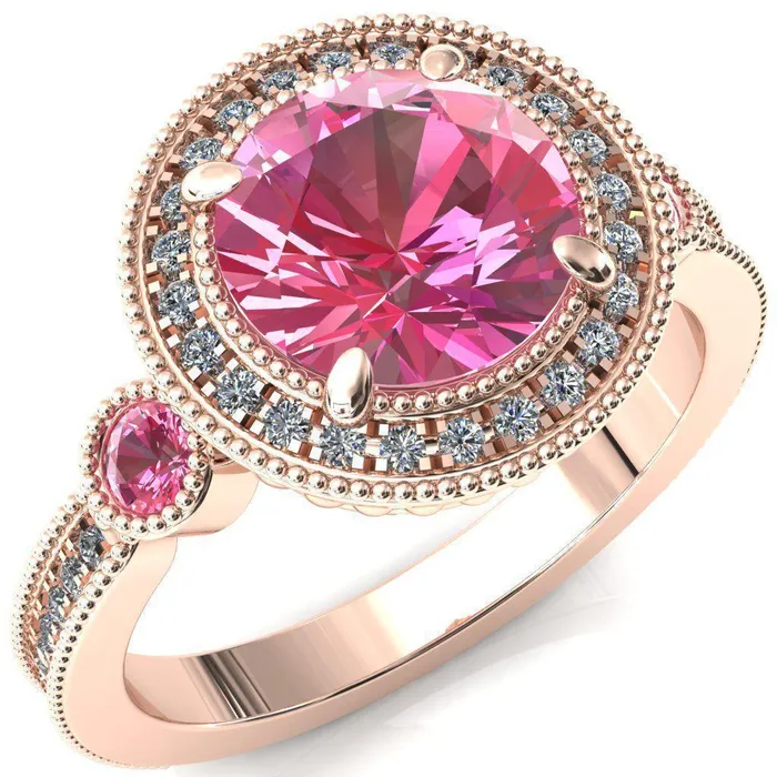 Rings Fire Brilliance Brachium Round Pink Sapphire Bezel Milgrain Halo 34 Eternity Accent Diamond Ring