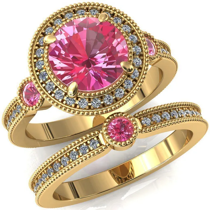 Rings Fire Brilliance Brachium Round Pink Sapphire Bezel Milgrain Halo 34 Eternity Accent Diamond Ring