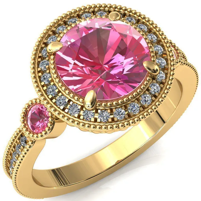 Rings Fire Brilliance Brachium Round Pink Sapphire Bezel Milgrain Halo 34 Eternity Accent Diamond Ring