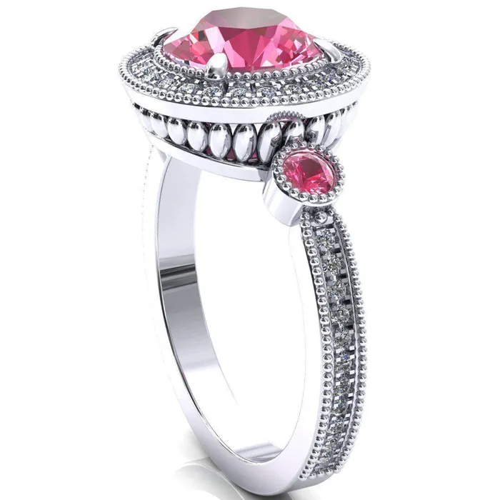 Rings Fire Brilliance Brachium Round Pink Sapphire Bezel Milgrain Halo 34 Eternity Accent Diamond Ring