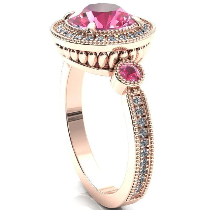 Rings Fire Brilliance Brachium Round Pink Sapphire Bezel Milgrain Halo 34 Eternity Accent Diamond Ring