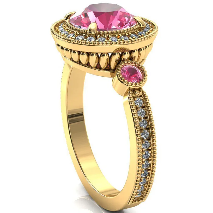 Rings Fire Brilliance Brachium Round Pink Sapphire Bezel Milgrain Halo 34 Eternity Accent Diamond Ring