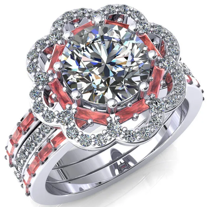 Rings Fire Brilliance Camelia Round Center Stone Accent Diamond and Padparadscha Sapphire Halo Ring Rings Fire Brilliance Camelia Round Center Stone Accent Diamond and Padparadscha Sapphire Halo Ring