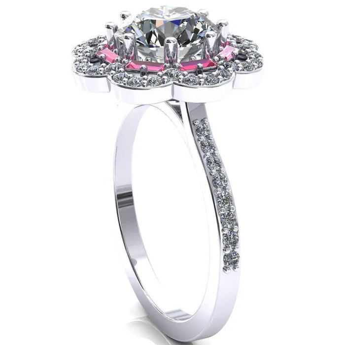 Rings Fire Brilliance Camelia Round Center Stone Accent Diamond and Padparadscha Sapphire Halo Ring