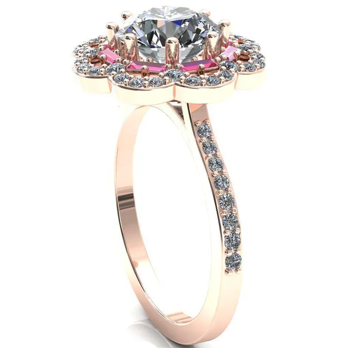 Rings Fire Brilliance Camelia Round Center Stone Accent Diamond and Padparadscha Sapphire Halo Ring