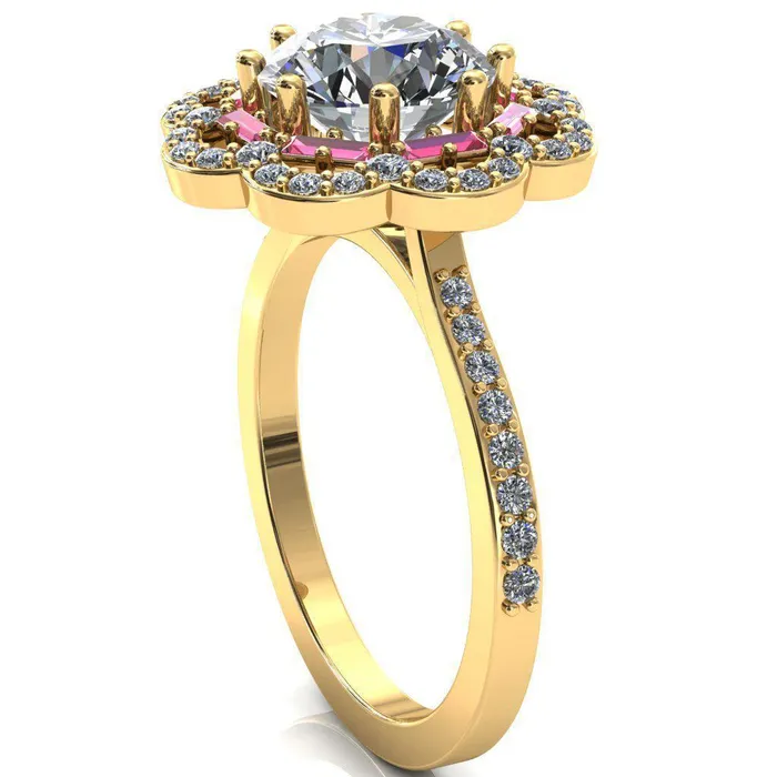 Rings Fire Brilliance Camelia Round Center Stone Accent Diamond and Padparadscha Sapphire Halo Ring