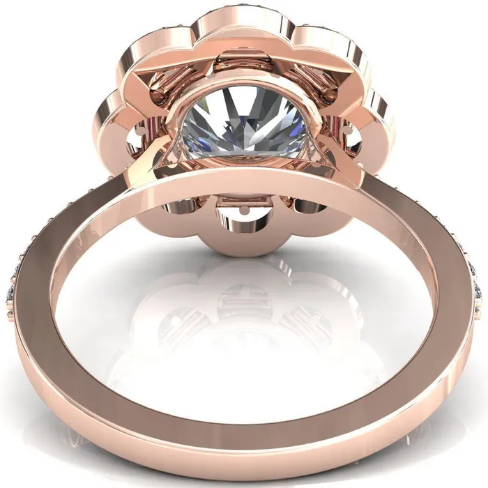 Rings Fire Brilliance Camelia Round Center Stone Accent Diamond and Padparadscha Sapphire Halo Ring