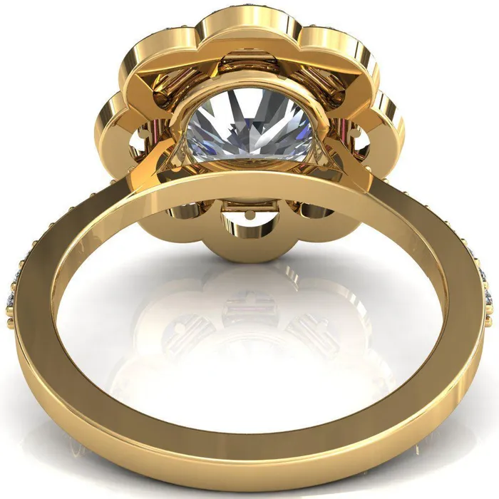 Rings Fire Brilliance Camelia Round Center Stone Accent Diamond and Padparadscha Sapphire Halo Ring