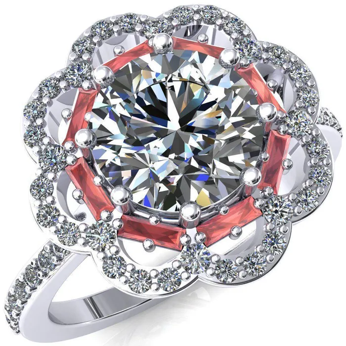 Rings Fire Brilliance Camelia Round Center Stone Accent Diamond and Padparadscha Sapphire Halo Ring