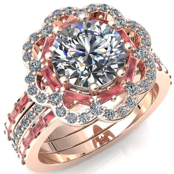 Rings Fire Brilliance Camelia Round Center Stone Accent Diamond and Padparadscha Sapphire Halo Ring
