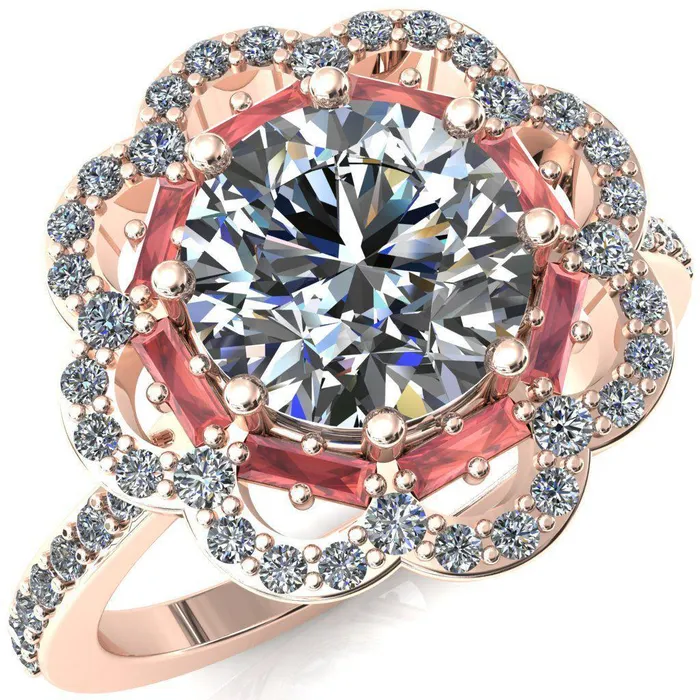 Rings Fire Brilliance Camelia Round Center Stone Accent Diamond and Padparadscha Sapphire Halo Ring