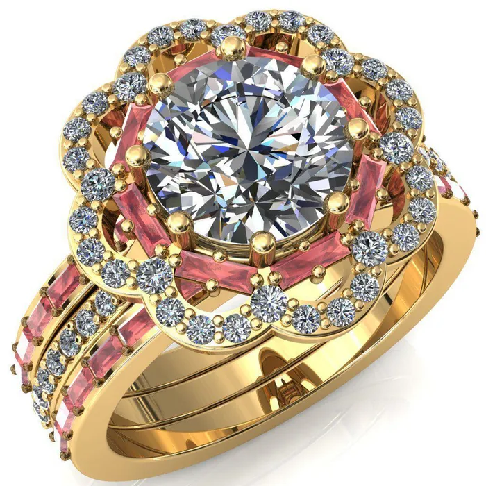 Rings Fire Brilliance Camelia Round Center Stone Accent Diamond and Padparadscha Sapphire Halo Ring