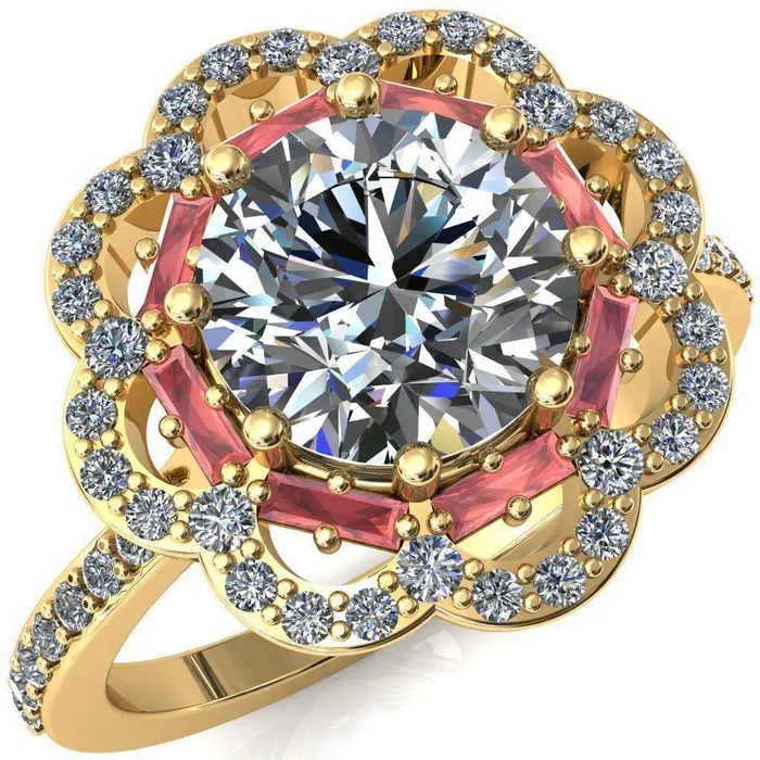 Rings Fire Brilliance Camelia Round Center Stone Accent Diamond and Padparadscha Sapphire Halo Ring