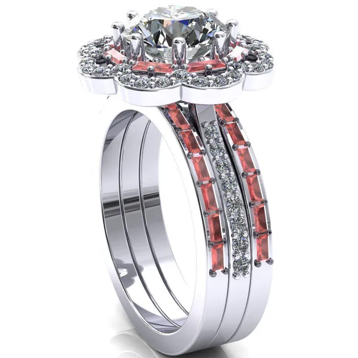 Rings Fire Brilliance Camelia Round Center Stone Accent Diamond and Padparadscha Sapphire Halo Ring