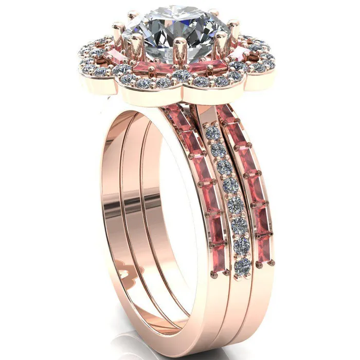 Rings Fire Brilliance Camelia Round Center Stone Accent Diamond and Padparadscha Sapphire Halo Ring