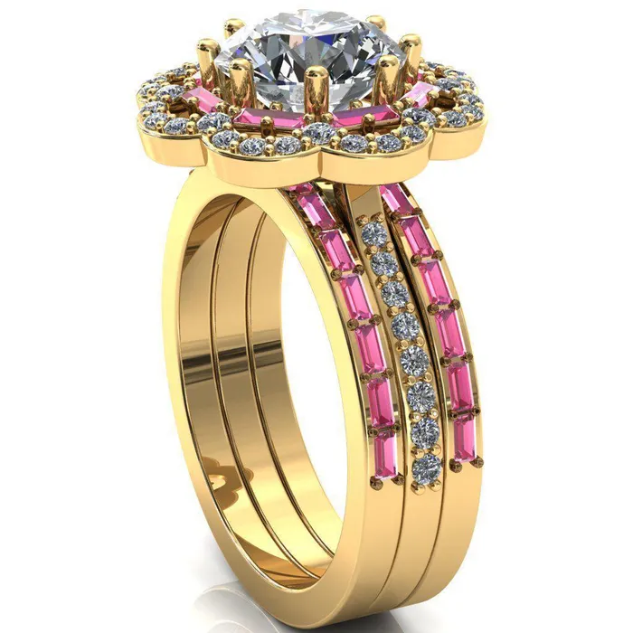 Rings Fire Brilliance Camelia Round Center Stone Accent Diamond and Padparadscha Sapphire Halo Ring