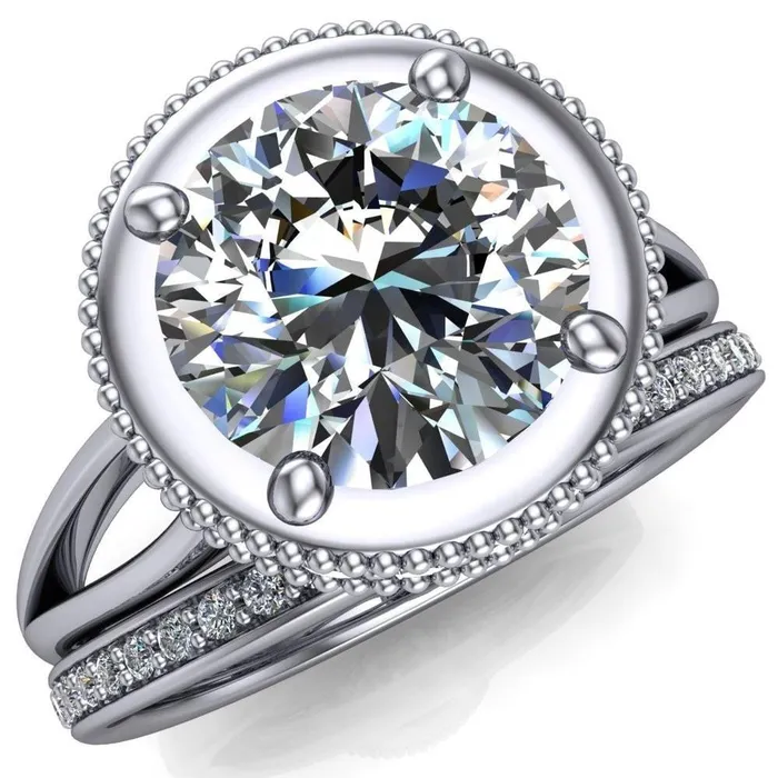 Rings Fire Brilliance Eleanor Round Center Stone Milgrain Prong Set Royal Diamond Crown Ring