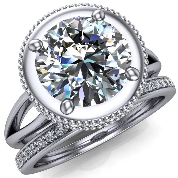 Rings Fire Brilliance Eleanor Round Center Stone Milgrain Prong Set Royal Diamond Crown Ring