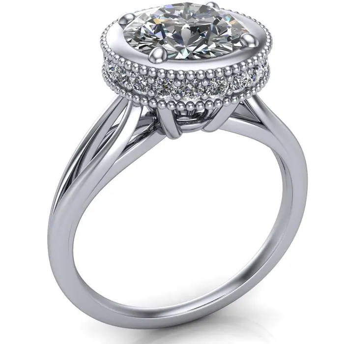 Rings Fire Brilliance Eleanor Round Center Stone Milgrain Prong Set Royal Diamond Crown Ring