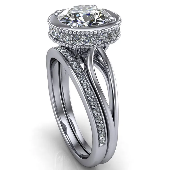 Rings Fire Brilliance Eleanor Round Center Stone Milgrain Prong Set Royal Diamond Crown Ring