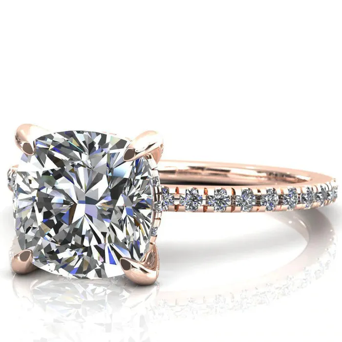 Rings Fire Brilliance EZILI CUSHION MOISSANITE 4 CLAW PRONG MICRO PAVE DIAMOND SIDES ENGAGEMENT RING