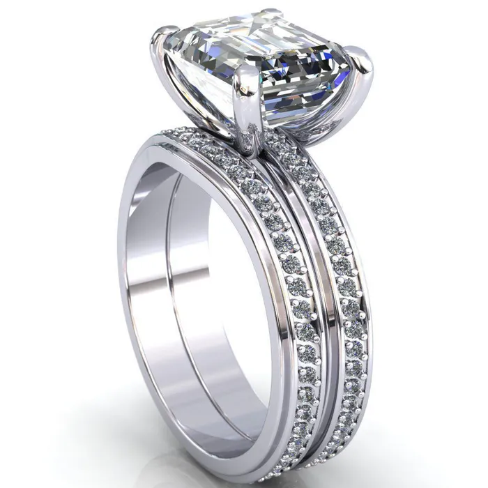 Rings Fire Brilliance Gia Emerald Center Stone Diamond Channel Comfort Band 4 Prong Ring