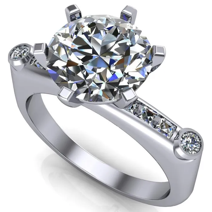 Rings Fire Brilliance Judith Round Center Stone 6 Prong Center Diamond Channel Accent Full Bezel Ring