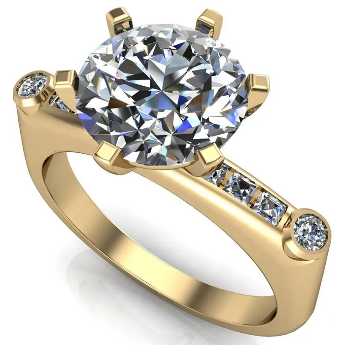 Rings Fire Brilliance Judith Round Center Stone 6 Prong Center Diamond Channel Accent Full Bezel Ring