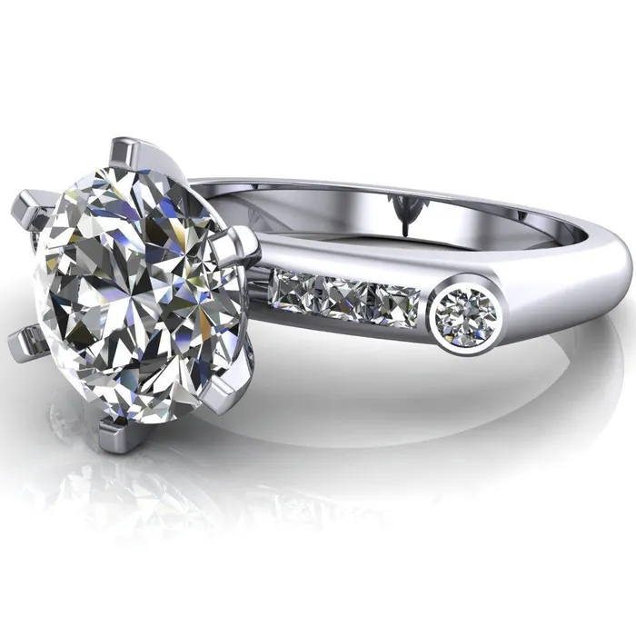 Rings Fire Brilliance Judith Round Center Stone 6 Prong Center Diamond Channel Accent Full Bezel Ring