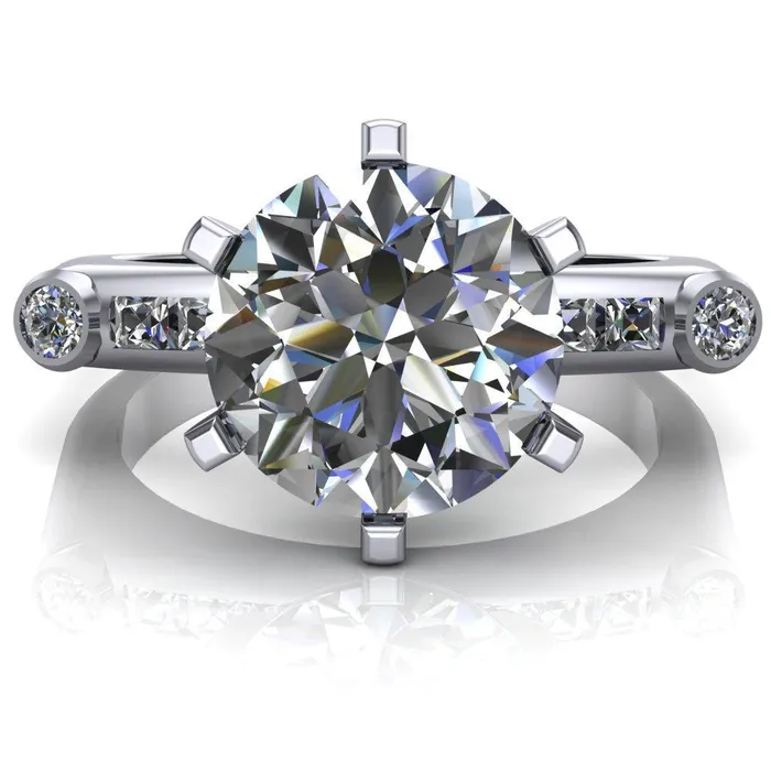 Rings Fire Brilliance Judith Round Center Stone 6 Prong Center Diamond Channel Accent Full Bezel Ring