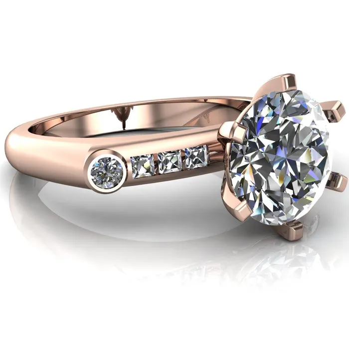 Rings Fire Brilliance Judith Round Center Stone 6 Prong Center Diamond Channel Accent Full Bezel Ring