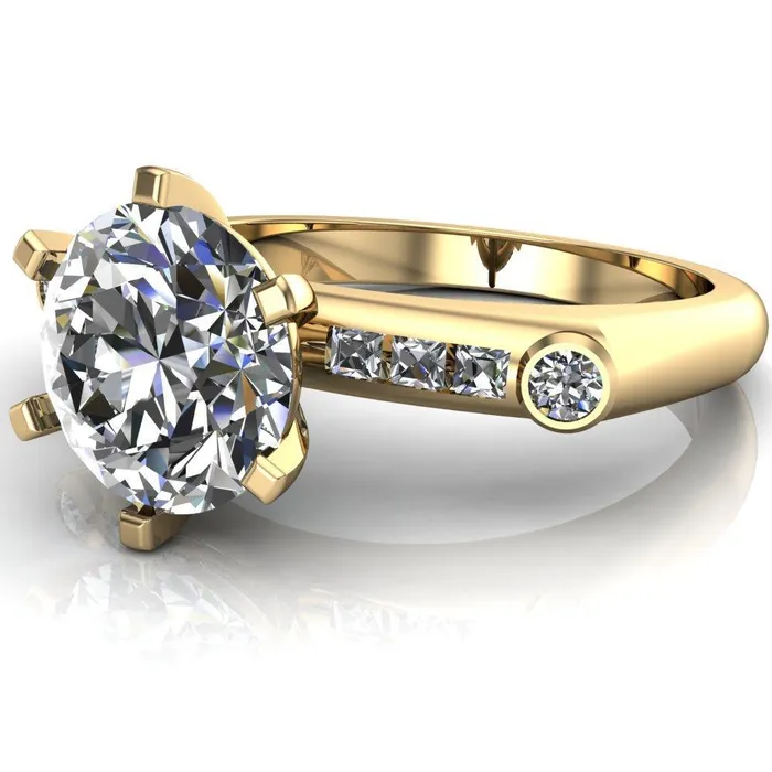 Rings Fire Brilliance Judith Round Center Stone 6 Prong Center Diamond Channel Accent Full Bezel Ring