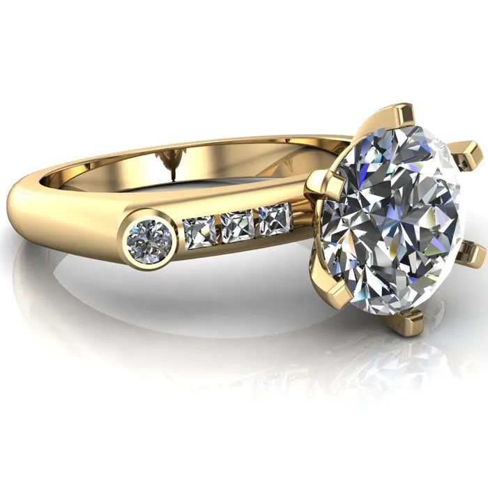 Rings Fire Brilliance Judith Round Center Stone 6 Prong Center Diamond Channel Accent Full Bezel Ring