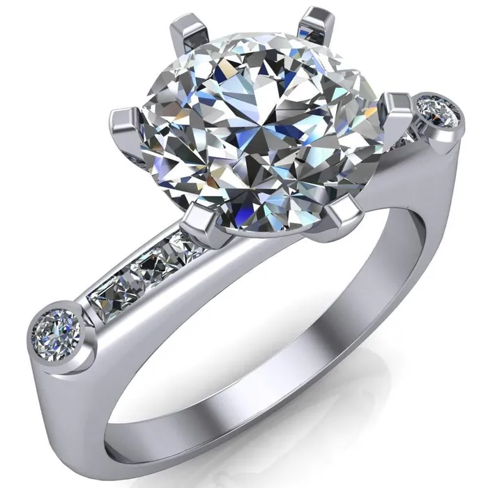 Rings Fire Brilliance Judith Round Center Stone 6 Prong Center Diamond Channel Accent Full Bezel Ring