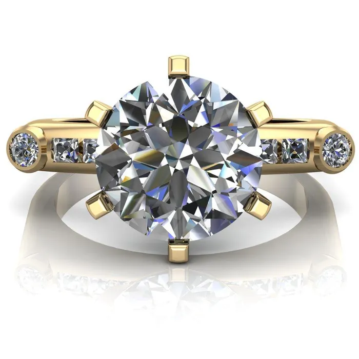 Rings Fire Brilliance Judith Round Center Stone 6 Prong Center Diamond Channel Accent Full Bezel Ring