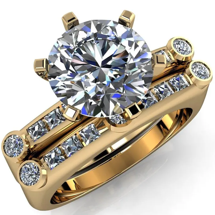 Rings Fire Brilliance Judith Round Center Stone 6 Prong Center Diamond Channel Accent Full Bezel Ring