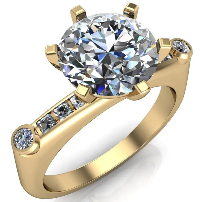 Rings Fire Brilliance Judith Round Center Stone 6 Prong Center Diamond Channel Accent Full Bezel Ring