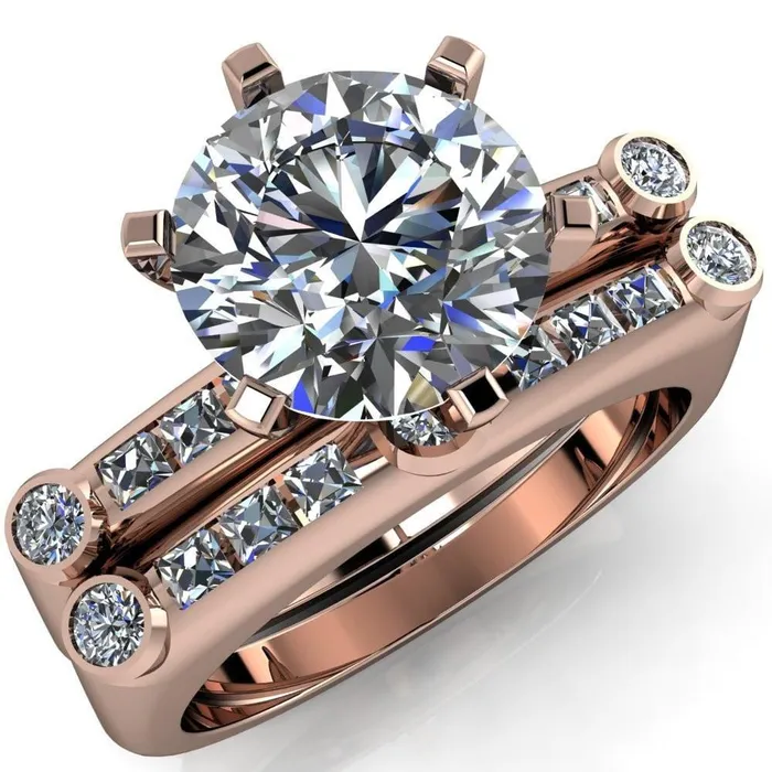 Rings Fire Brilliance Judith Round Center Stone 6 Prong Center Diamond Channel Accent Full Bezel Ring
