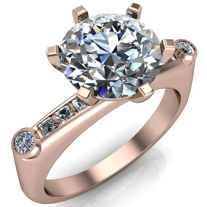 Rings Fire Brilliance Judith Round Center Stone 6 Prong Center Diamond Channel Accent Full Bezel Ring