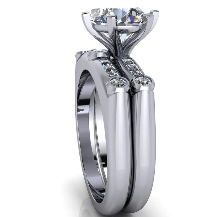 Rings Fire Brilliance Judith Round Center Stone 6 Prong Center Diamond Channel Accent Full Bezel Ring